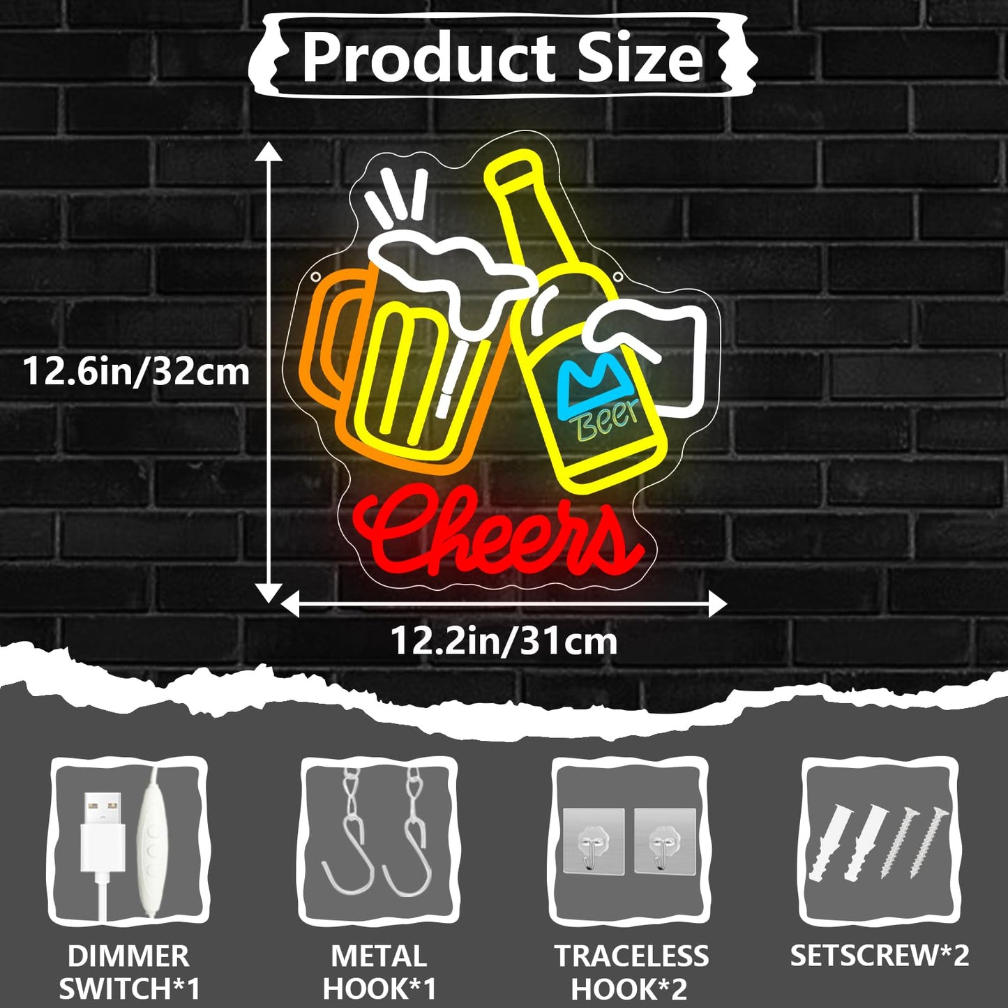 Cheers Beer Neon Sign, Dimmable USB Powered LED Light for Wall Decor, Bar Neon Lamp for Man Cave Home Bar Pub Party Bedroom, Birthday Christmas Gift for Beer Lovers