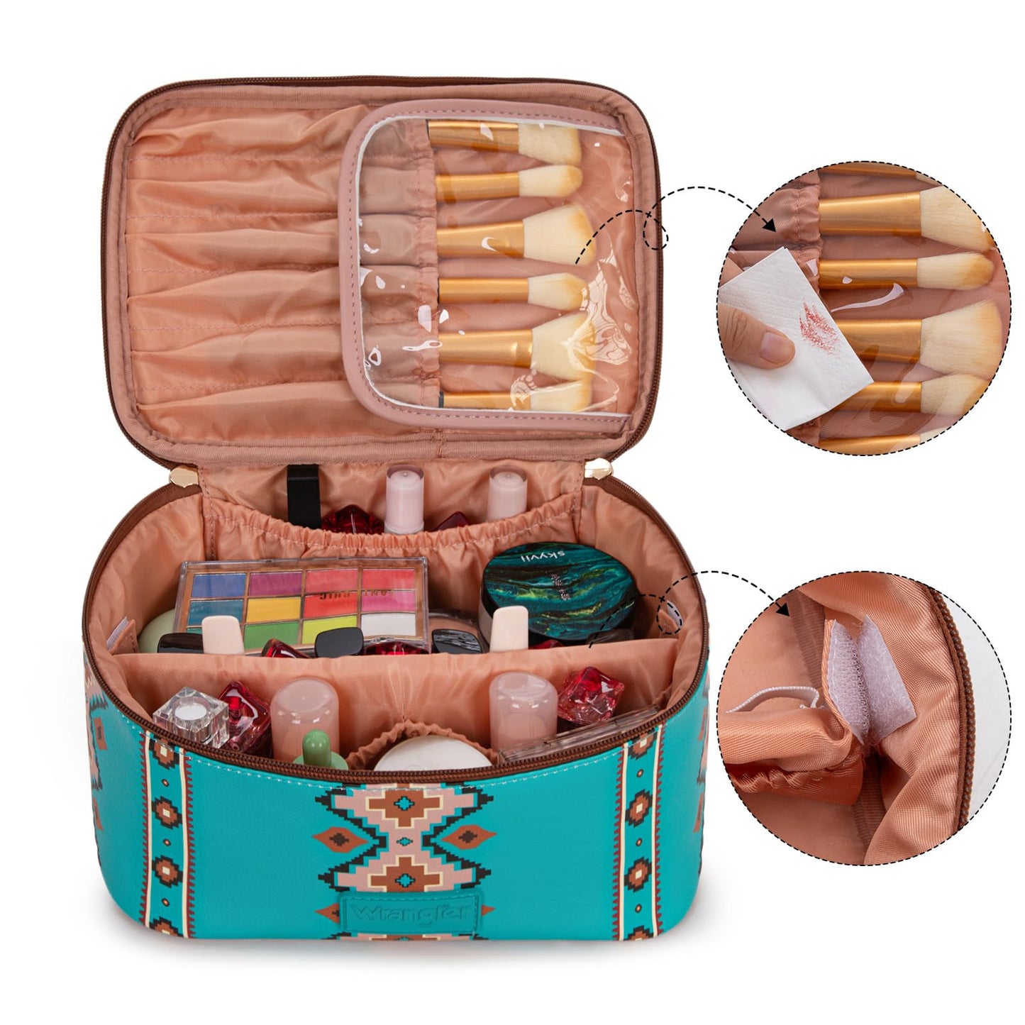 Montana West X Wrangler Travel Makeup Bag 2pcs Set Large Cosmetic Bag with Makeup Brush Holder Portable Make Up Organizer Cute Toiletry Bag with Divider and Handle for Women Aztec