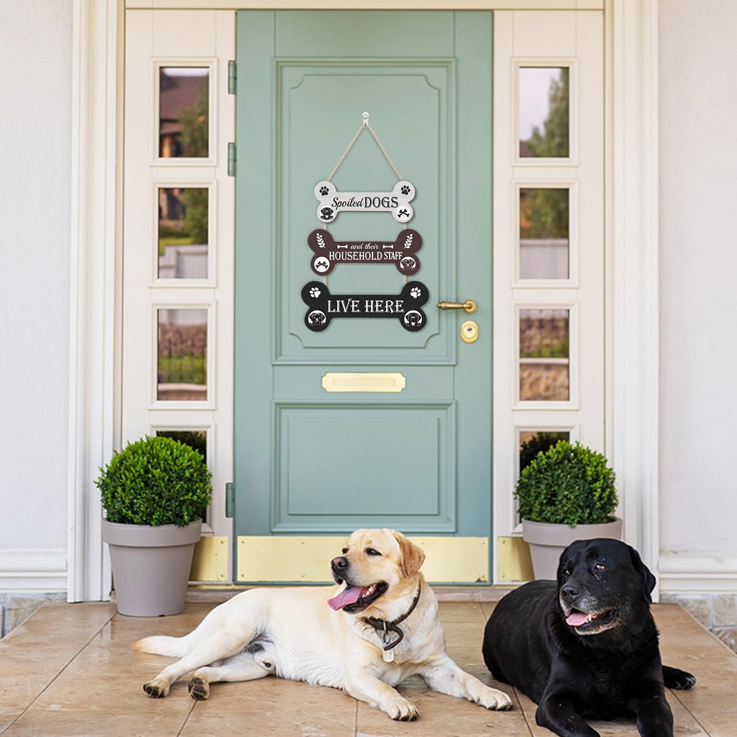 HLNIUC Funny Dog Wooden Sign,Spoiled Dogs Door Sign And Their Household Staff Live Here Wall Decor,Bone Shape Hanging Plaque for Porch Front Door,Dog Welcome People Tolerated Plaque for Dogs Lovers