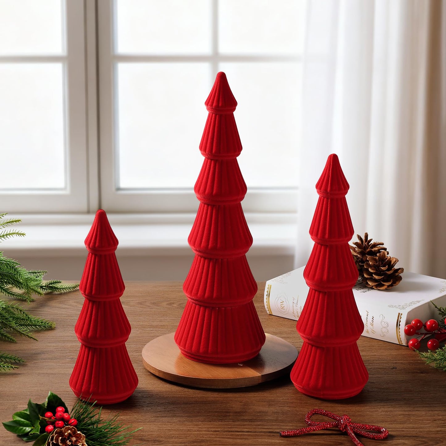 Fivebop Wooden Christmas Tree Figurine, 3 Pcs Tabletop Xmas Tree, Christmas Centerpiece Decor for Home Entryway Mantel Shelf Table Fireplace Holiday (Red-Wood & Velvet)