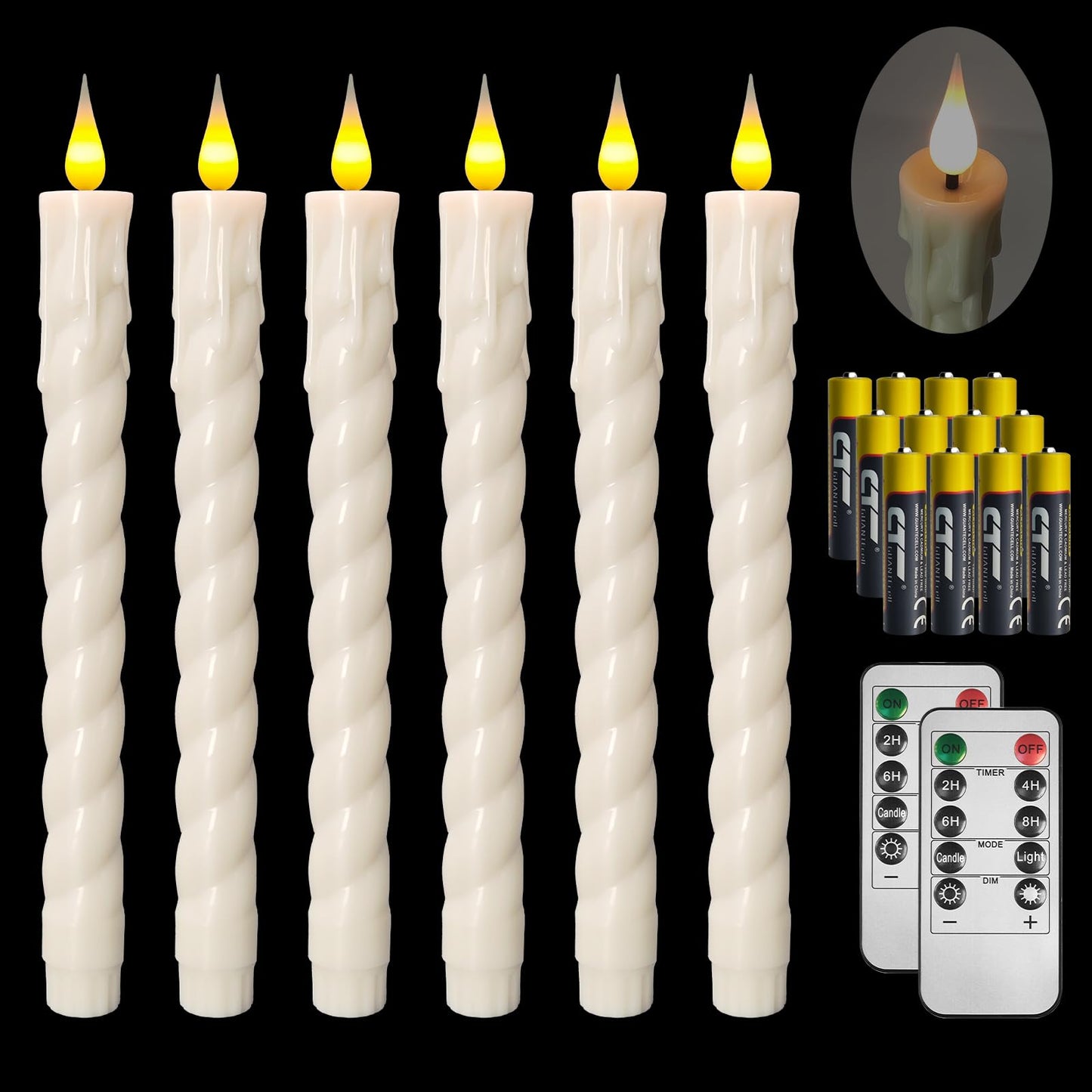 ODTRAM Flameless Taper Candles with Remote,Timer, Dimmer,9.7 Inch Ivory 6 Pack LED Candlesticks,Realistic Wax Drip,Taper Candles Battery Operated Flickering for Christmas Wedding Halloween Home Decor