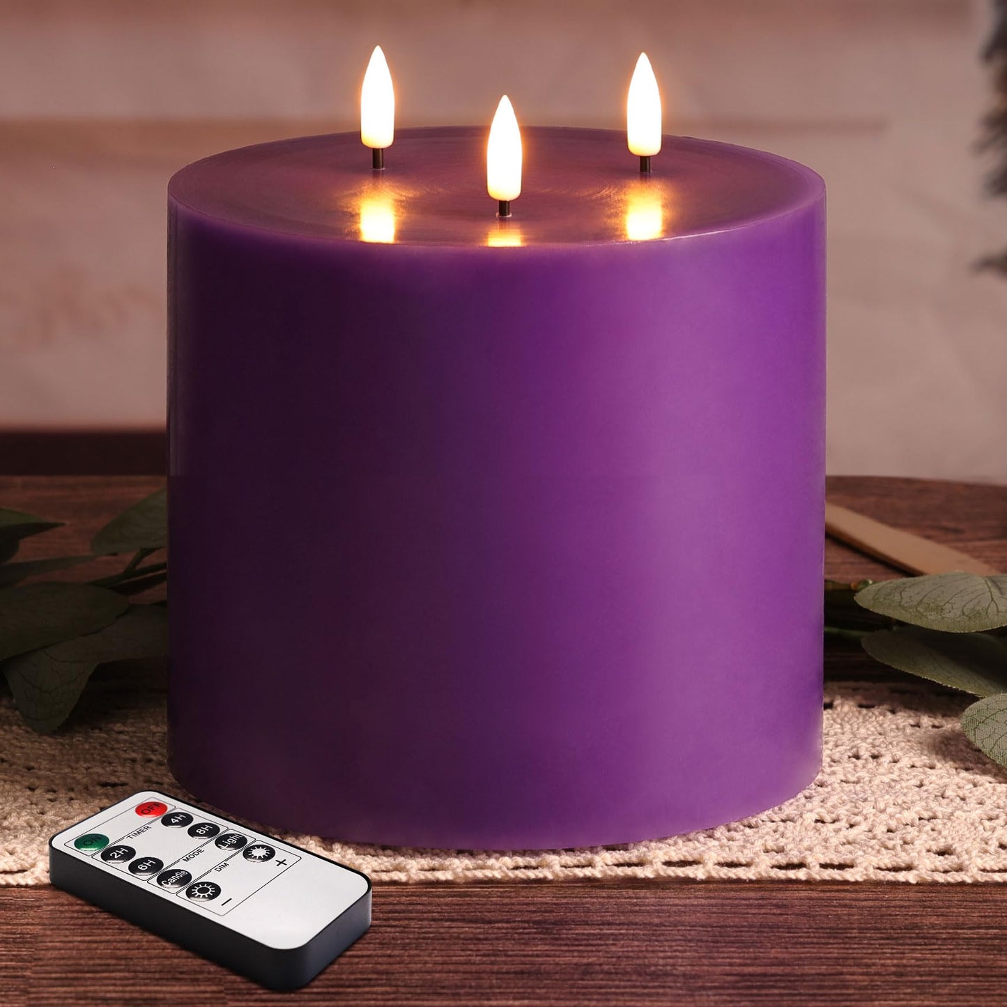 Girimax 3 Wick Purple Flickering Flameless Pillar Candle with Remote, 6x6 inch Large LED Candle Battery Powered Real Wax Coating Home Decor