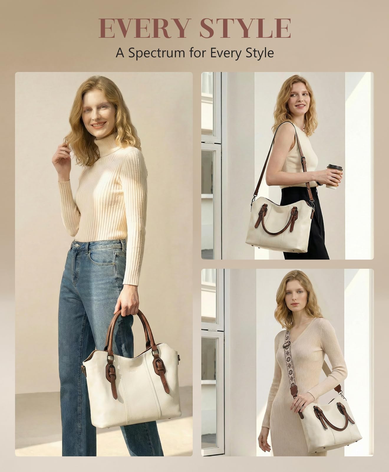 VASCHY Hobo Bags for Women, Vegan Leather Top Handle Satchel Shoulder Purse Handbag Purse with Crossbody Guitar Strap Beige