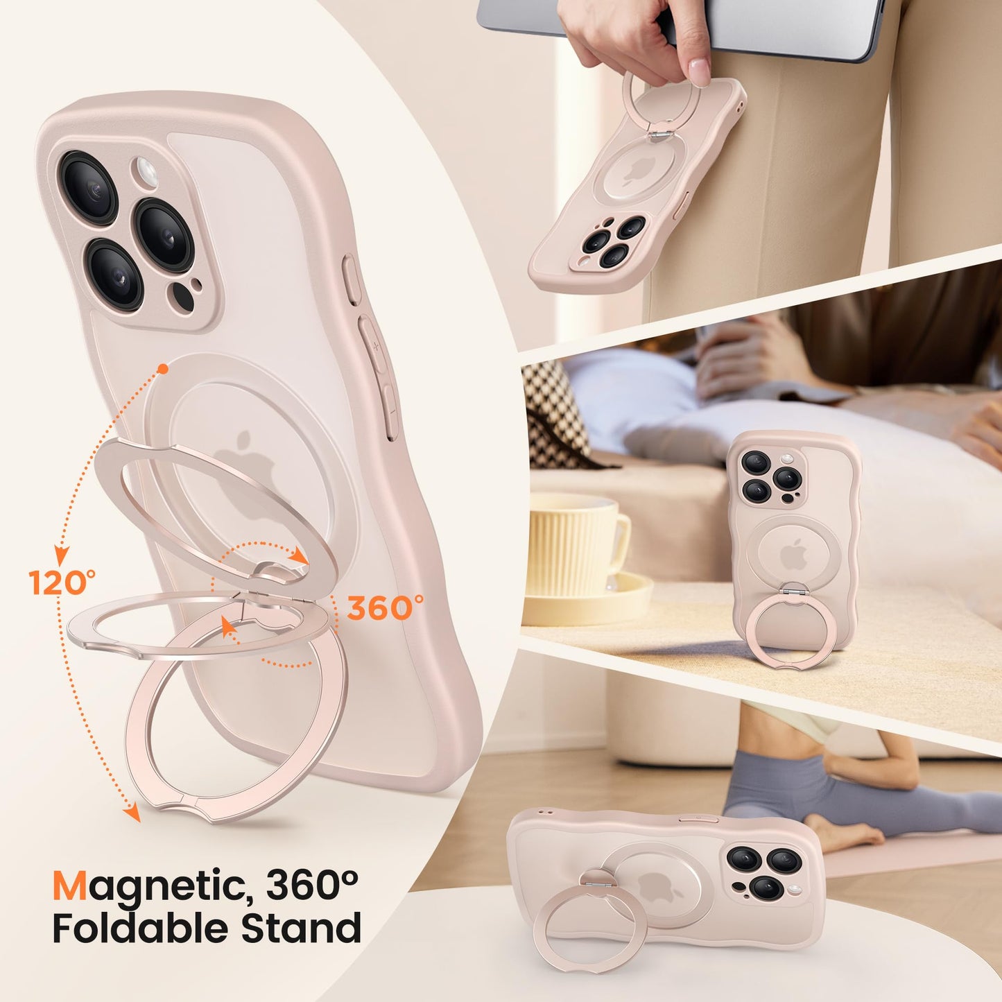 CAPRARO for iPhone 15 Pro Max Case with 360° Spin Magnetic Stand for Women, [Compatible with MagSafe] [Full Camera Protection] Cute Wave Translucent Matte Case for iPhone 15 Pro Max, Rose Gold