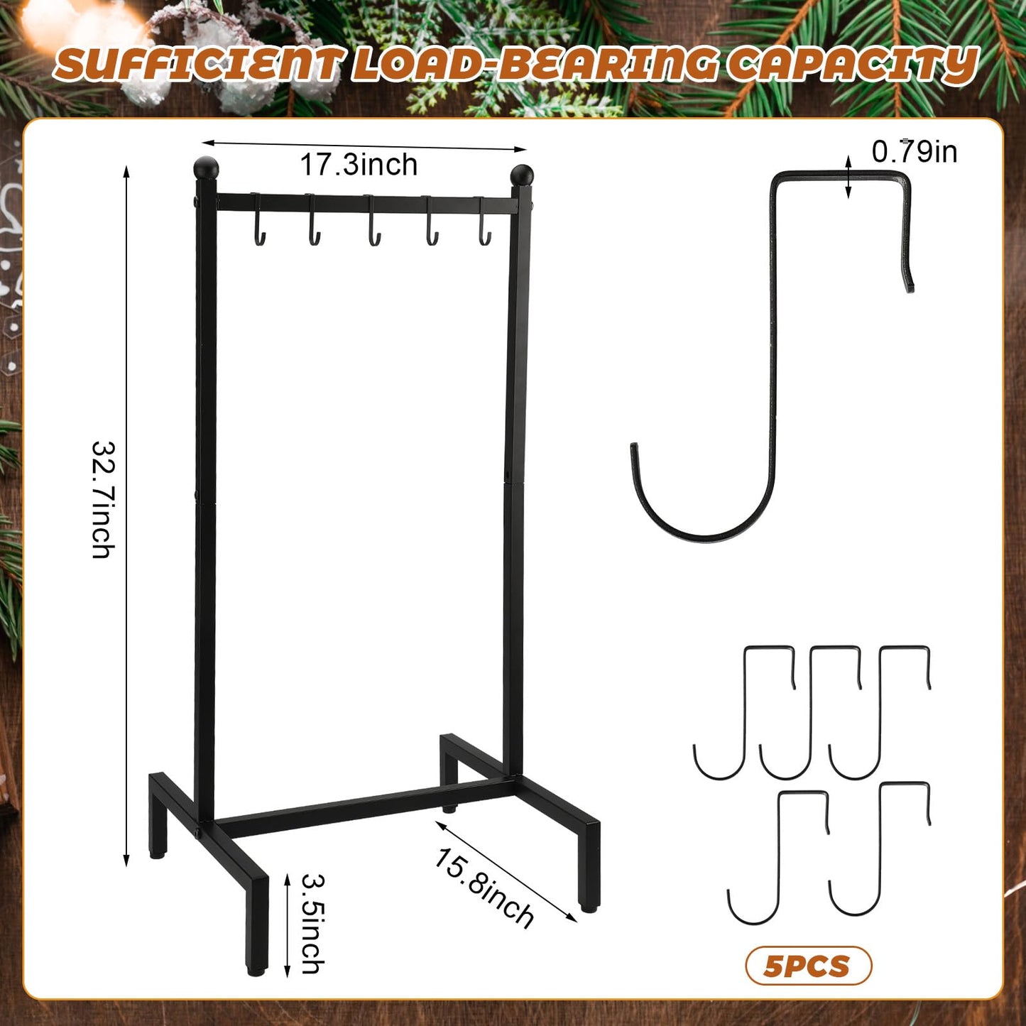 Zonon Christmas Stocking Holder Stand for Floor Free Standing Stocking Hangers with Removable Hooks and Wheels Heavy Duty Metal Rack with Stable Base for Home Mantel Bathroom Towel Blanket Display