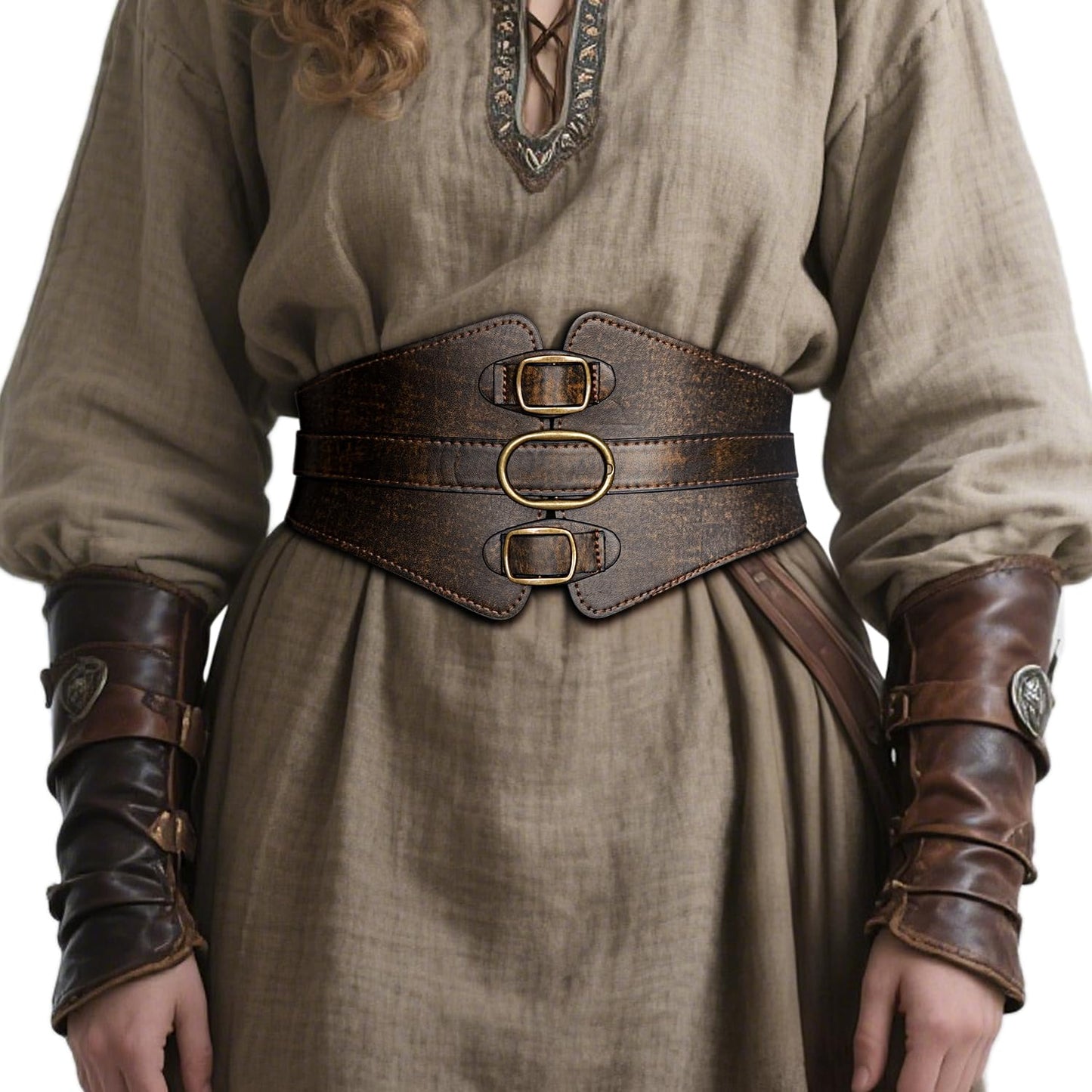 L'VOW Women's Viking Leather Corset Belt - Renaissance Cinch Belt for Halloween Medieval(Brown-2,XXL)