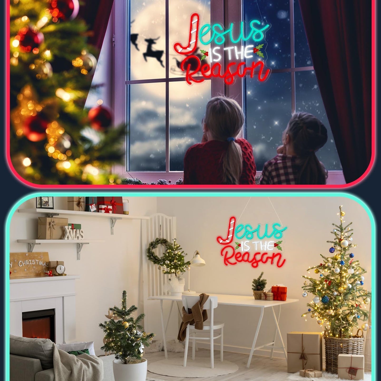 Huquary Jesus Is the Reason Neon Sign Christmas LED Sign Lighted Wall Art Decoration Neon Light USB Powered for Ceremony Party Bar Home Birthday Bible Church Decor Gift(Classic)