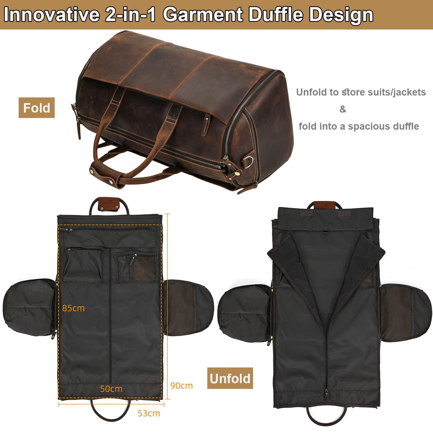 Yevabo Full Grain Genuine Leather 2-in-1 Garment Dufflel Bag for Men Foldable Suit Carrier with Independent Shoe Compartment, Large Capacity Weekender Overnight Travel Bag for Business Trips, Coffee