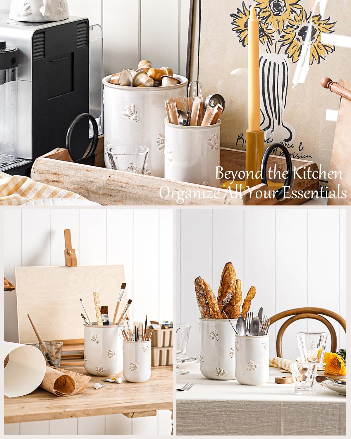 LE TAUCI Kitchen Utensil Holder Set of 2 - 6.9"+5.3" Large Ceramic Cooking Utensil Crock & Organizer for Spatula, Spoon, Whisk - Farmhouse Countertop Storage, Arctic White, Embossed, Bee