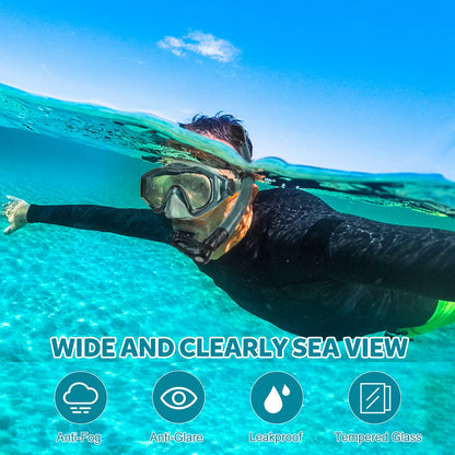 KUYOU Mask Fins Snorkeling Gear for Adults - Wide View Anti-Fog Mask, Full Dry Top Snorkel Gear Set (Dark Celadon, L/XL)