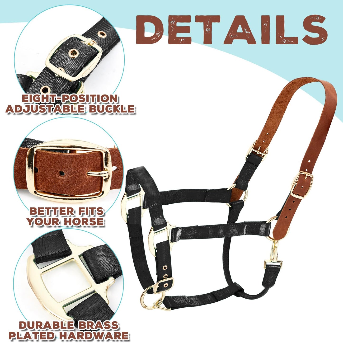 Yeyeplum Leather Halter for Horses, Equine Breakaway Nylon Rope Horse Halter with Snap & Adjustable Chin and Throat Snap Hook Halters for Training, Show and Daily Use, Average Size(Black Brown)