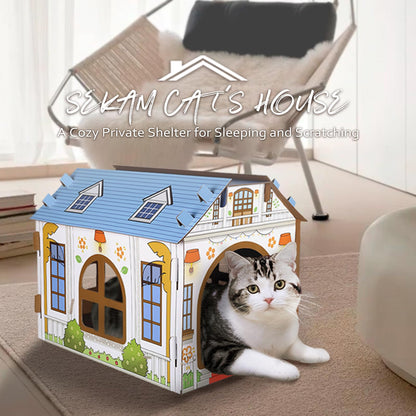 SEKAM Cardboard Cat House with Scratcher/Catnip (16.5''L x 12''W x 13''H), Play House for Indoor Cats， Cat Scratching Box & Hideaway Furniture, Hideout for Small Animals