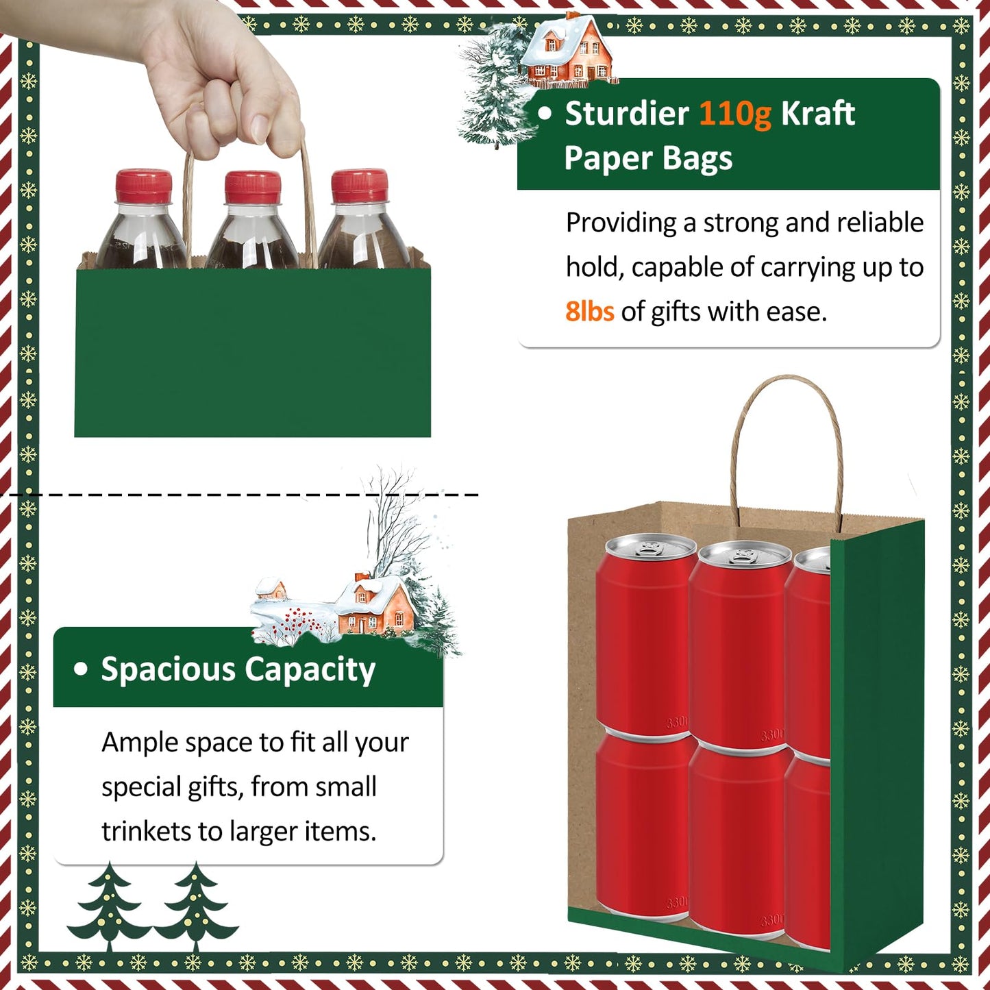 BagDream Forest Green Gift Bags with Handles Bulk 8x4.25x10.5 Inch 100Pcs Medium Kraft Paper Bags for Christmas, Thanksgiving, Craft, Party Favors, Retail, Grocery, Recyclable Paper Sacks