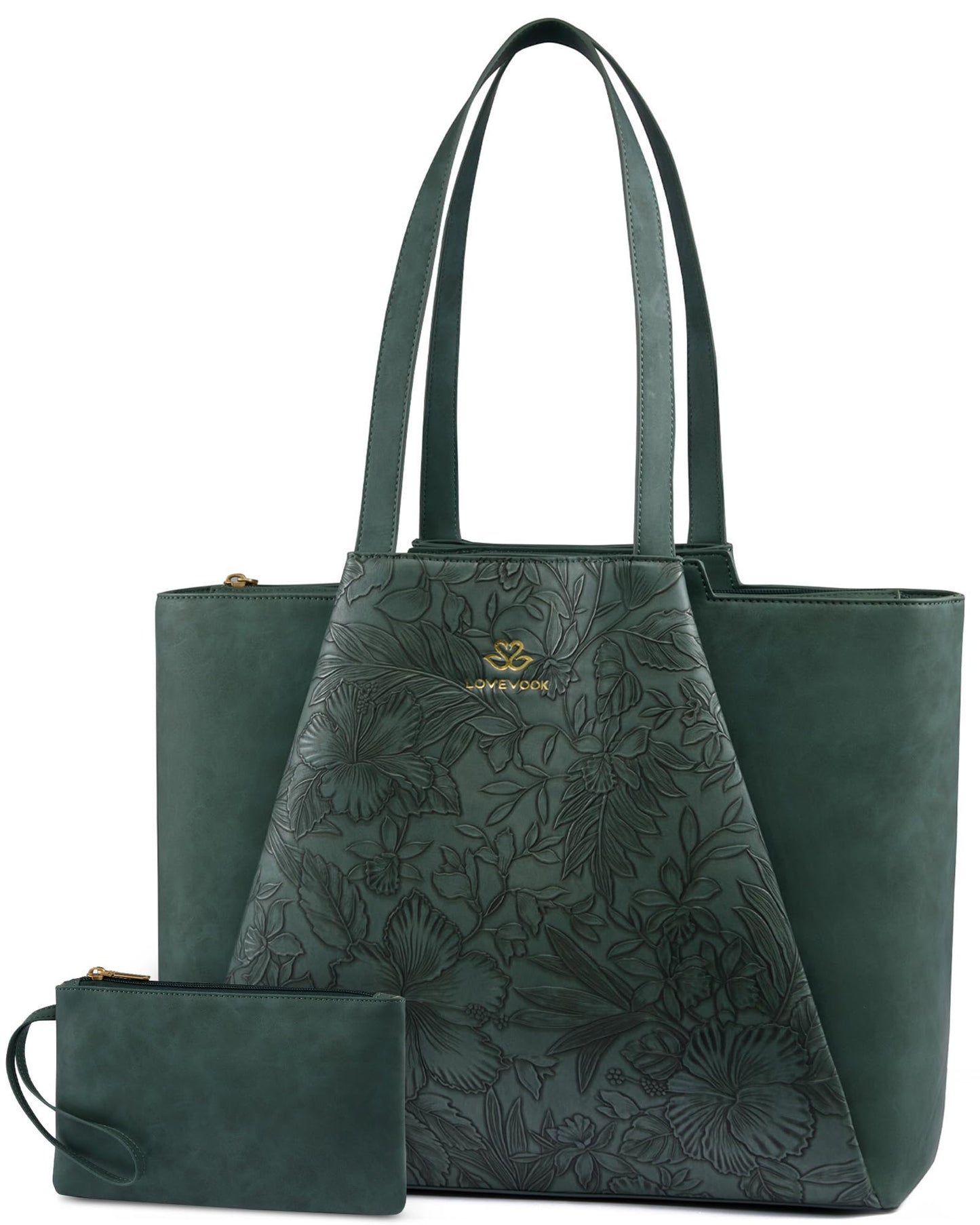 LOVEVOOK Laptop Tote for Women - 15.6 Inch Faux Leather Laptop Bag with Clutch, Large Capacity Office Purse Computer Briefcase for Casual Business Travel,Apricot