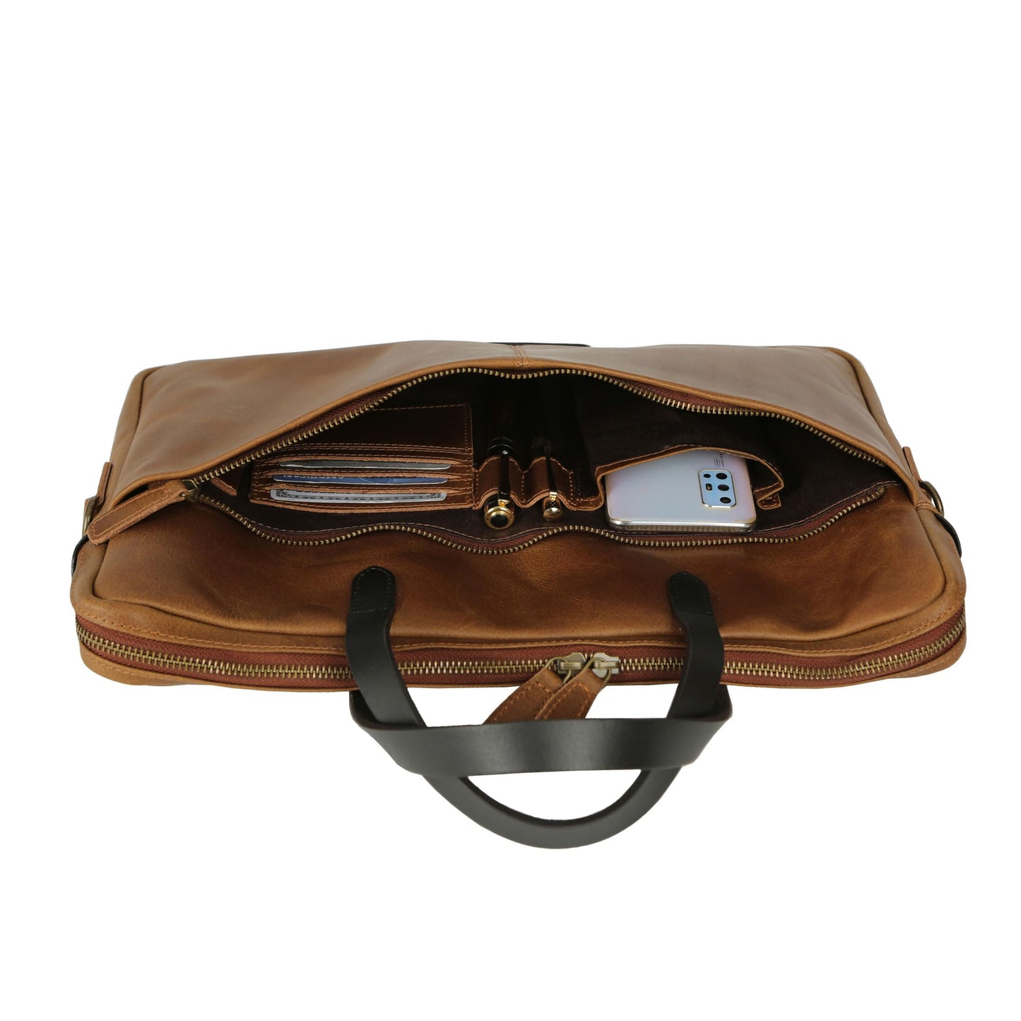 KomalC 15.5 Inch Leather Laptop Sleeve with Trolley Strap – Slim Genuine Leather Bag for upto 16" Laptops – Office Briefcase with Shoulder Strap & Organizer