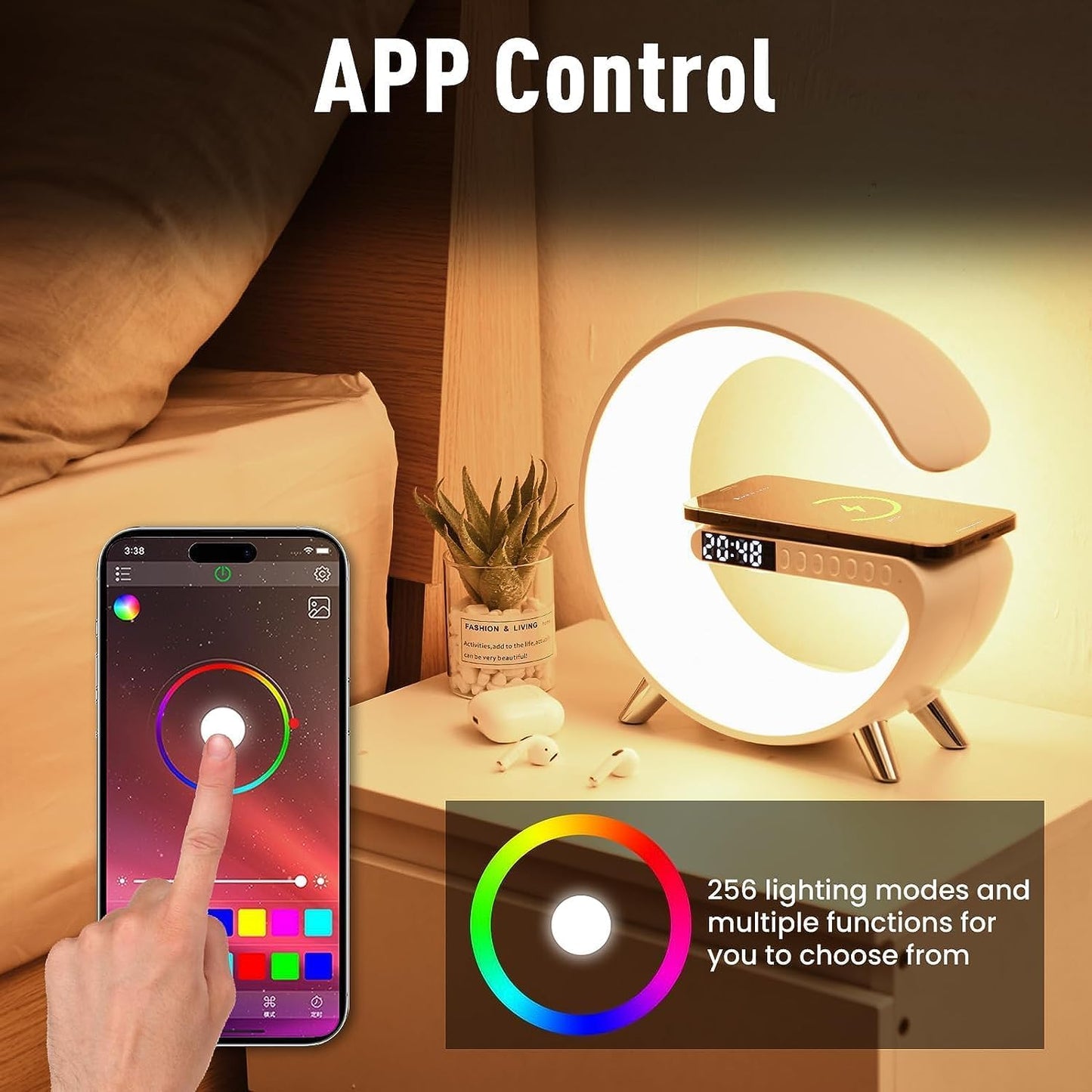 4 In 1 Smart LED Table Lamp, Alarm Clock, Wireless Charger, Night Light, Bluetooth Speaker with App Control, Bedside Lamp for Bedroom, Office, Home Decor, Family, Girls Boys Birthday Festival Gifts