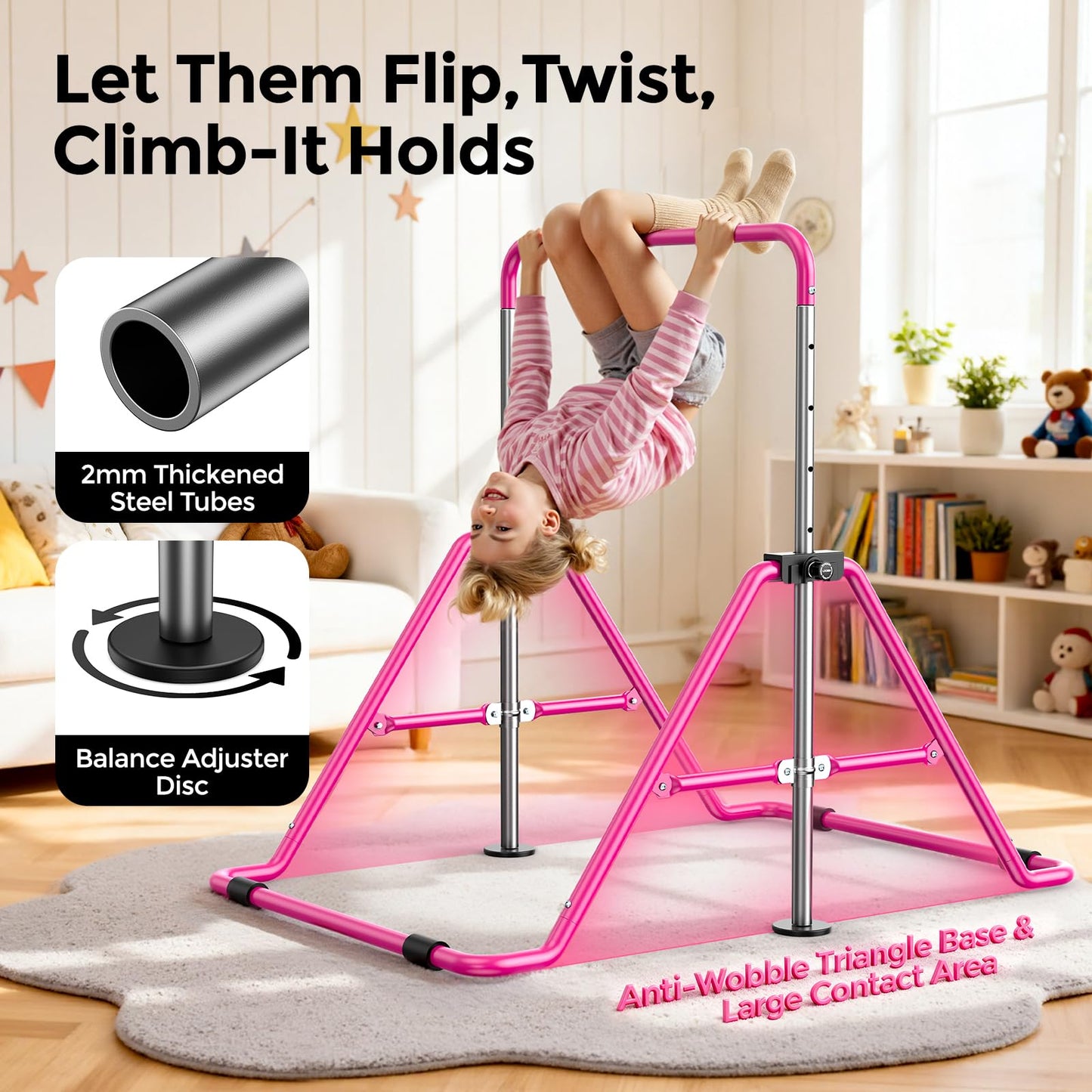 Sportsroyals Gymnastics Bar for Kids,Adjustable Height Gymnastic Horizontal Bars,Folding Gymnastic Junior Training Kip Bar for Home, Pink (Pink)