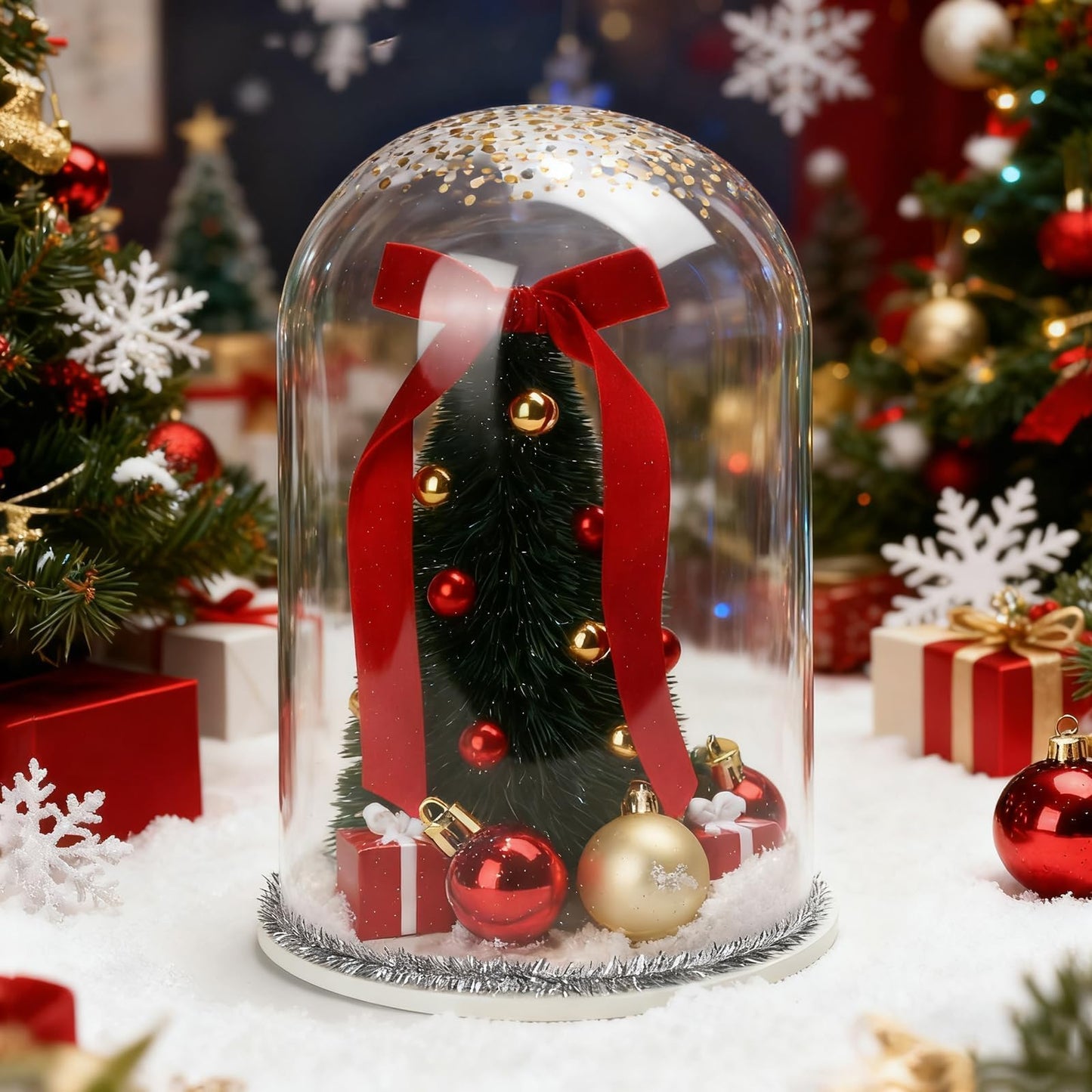 Christmas Decorations Table Centerpieces, Christmas Tree with Ornaments in Dome Cloche, Xmas Winter Tabletop Decor for Tiered Tray Shelf Mantel Fireplace Coffee Table Office Desk Holiday Decoration