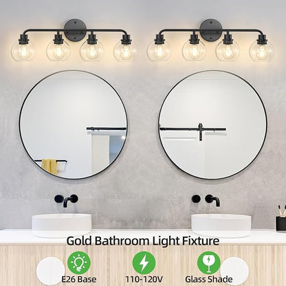 Bathroom Light Fixtures Black Vanity Light 4 Light Wall Sconces Lighting Bathroom Lights with Globe Clear Glass Shade Bath Wall Lights Wall Lamp for Mirror Kitchen Living Room Bedroom Hallway 27 Inch
