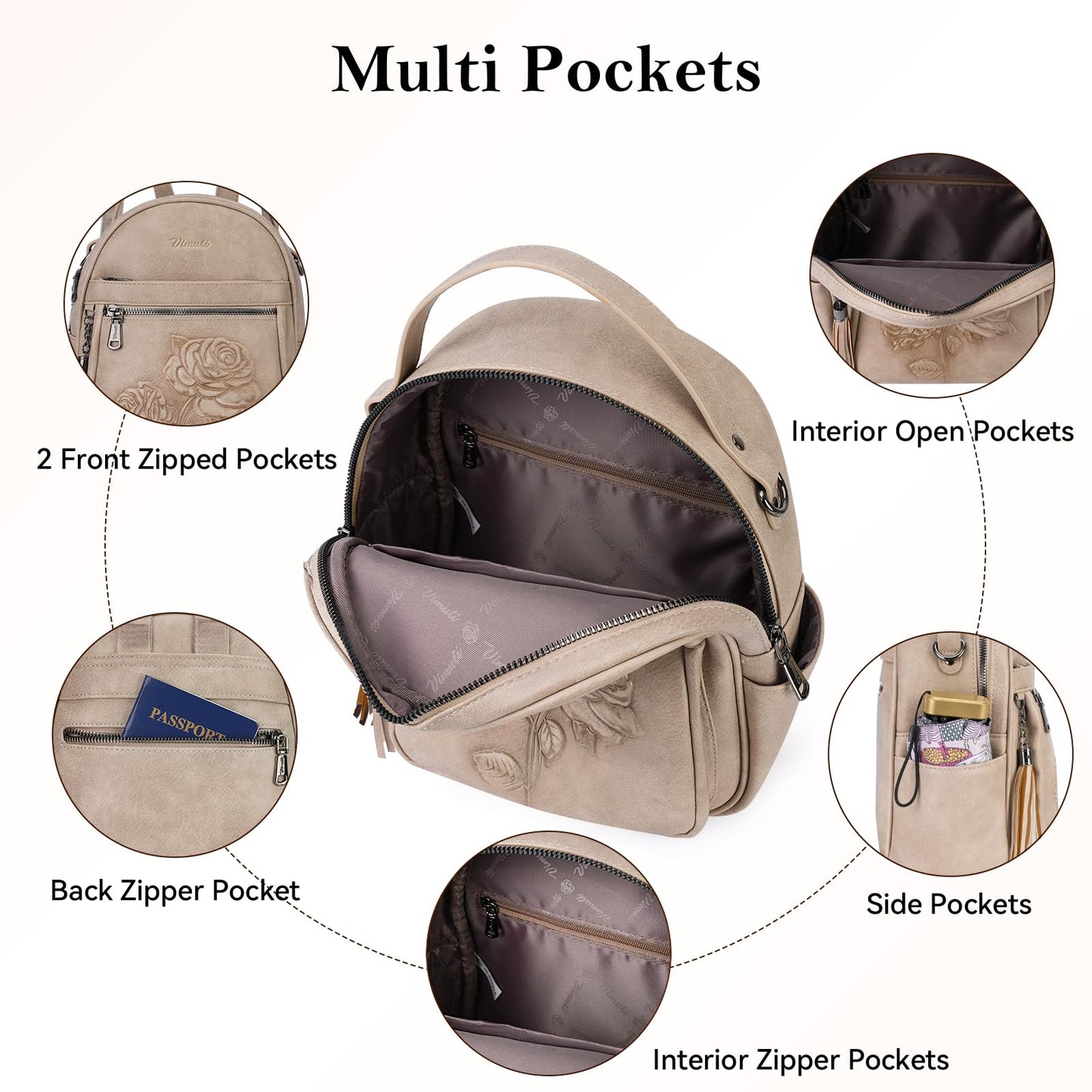 VIMUTI Mini Backpack Purse for Women,Embossed Vegan Leather Small Backpack Fashion Backpacks Daypacks Shoulder Handbag (Apricot)