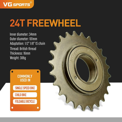 VG SPORTS Single Speed Bike Freewheel, 24T Compatible with 1/2' x 1/8' Bicycle One-Speed Freewheel Threaded Type Freehub Replacement Parts (Brown)