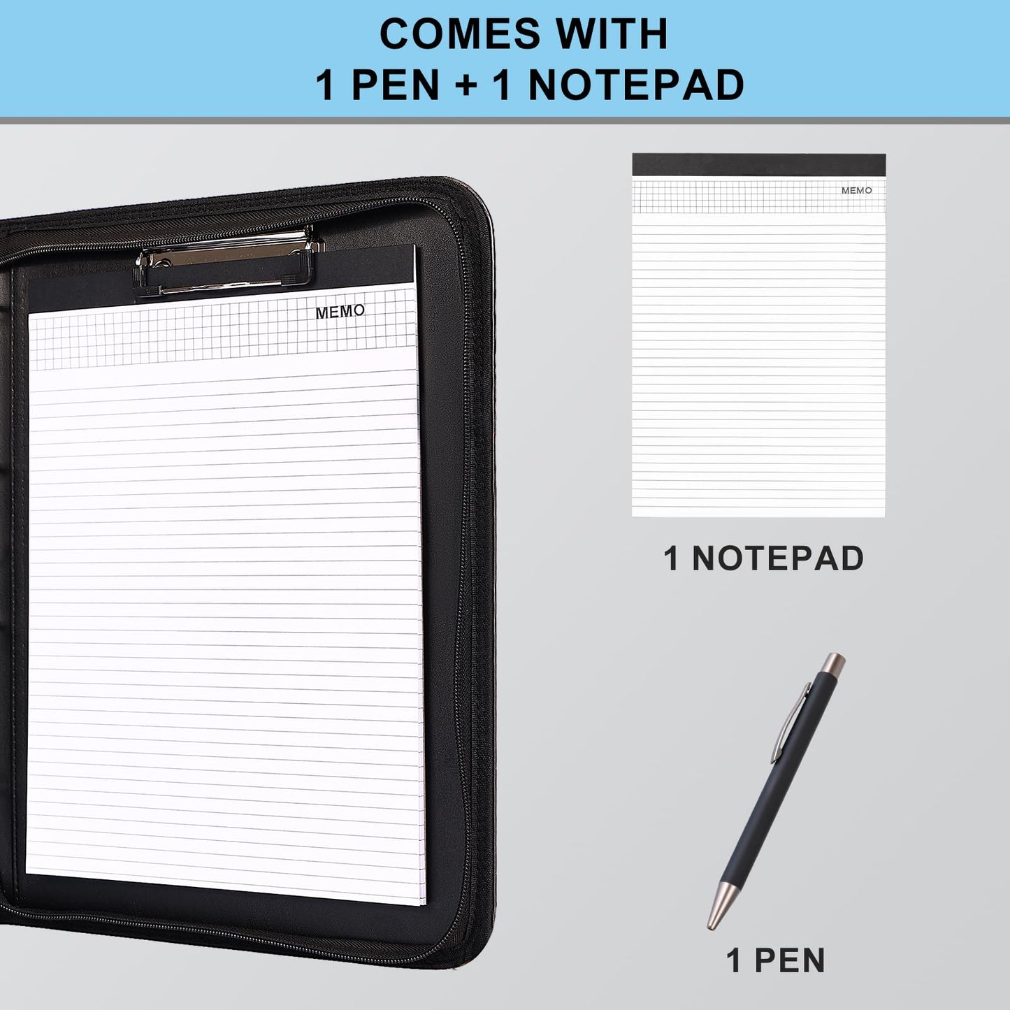 Eshow Padfolio for Men Women, Leather Portfolio with Zipper – Professional Interview Resume Organizer with Card Holder, Writing Pad & File Folders for Business, Lawyer, Student