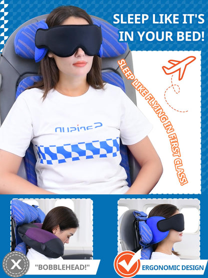 SARISUN Travel Pillows for Airplanes, Airplane Pillow for Sleeping with 3D Eye Mask, 360° Headrest for Long Flight, Road Trip, Stop Bobblehead Relieve Neck Pain, FSA HSA Eligible Approved, Blue