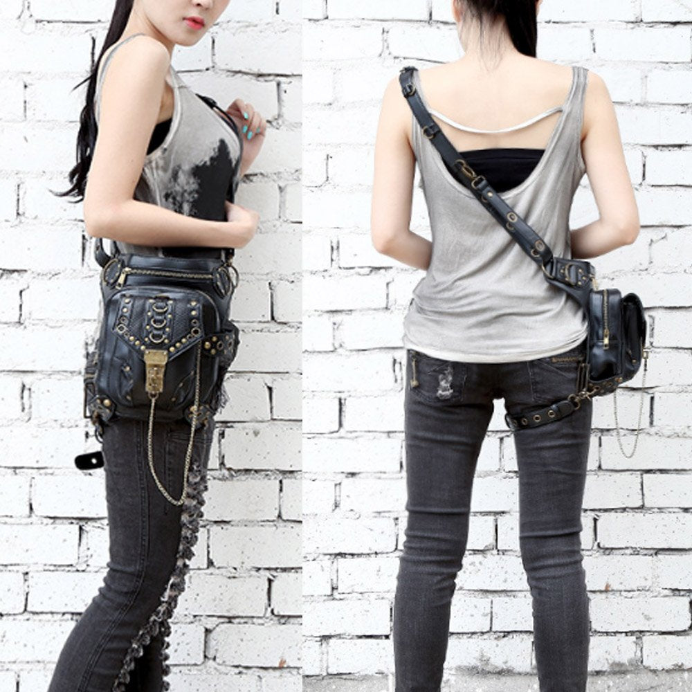 Rullar Retro Punk Waist Bag Military Tactical Drop Leg Bag Outdoor Bike Motorcycle Cycling Hiking Fanny Pack Hip Bag Utility Pouch Shoulder Crossbody Bag Black