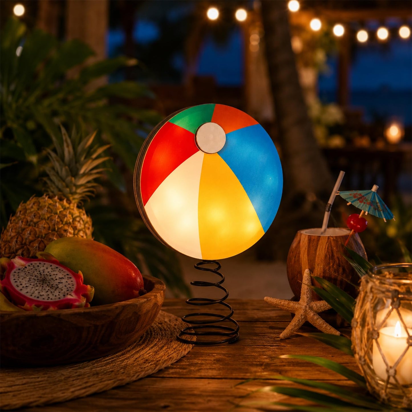 APUDWN 10 x 6.5 Inch Wood Beach Ball Tree Topper with LED Lights, Christmas in July Summer Tree Decorations for Tropical Pool Party Hawaiian Theme Battery Powered Beach Ball Holiday Decor