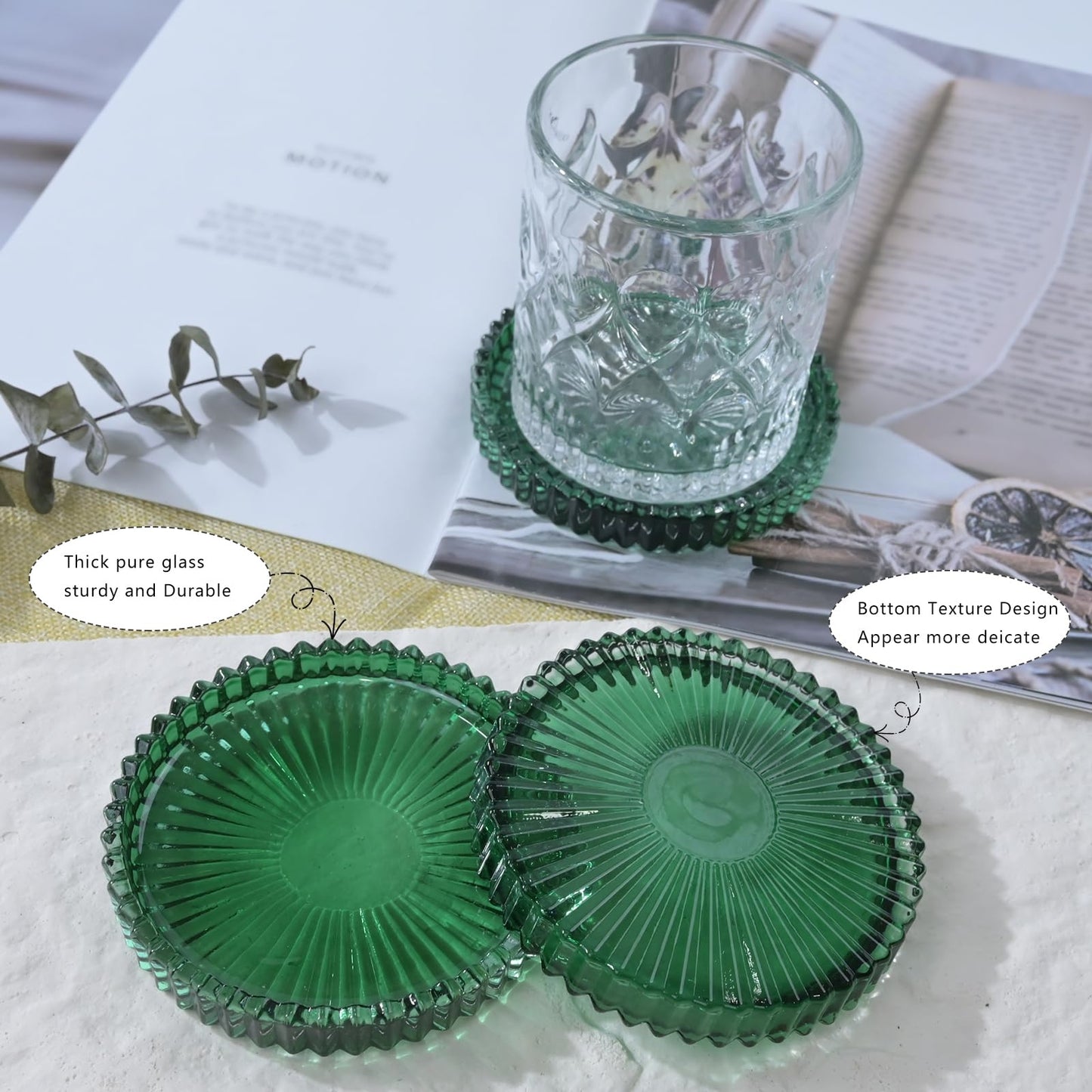 Jollyhilan Glass Coaster 6 Pack Round Cup Coasters for Drinks,Crystal Coffee Coaster,Stylish Drink Coasters for Kitchen Bar Dining Room Living Room Office Decor and Jewelry Storage,Green