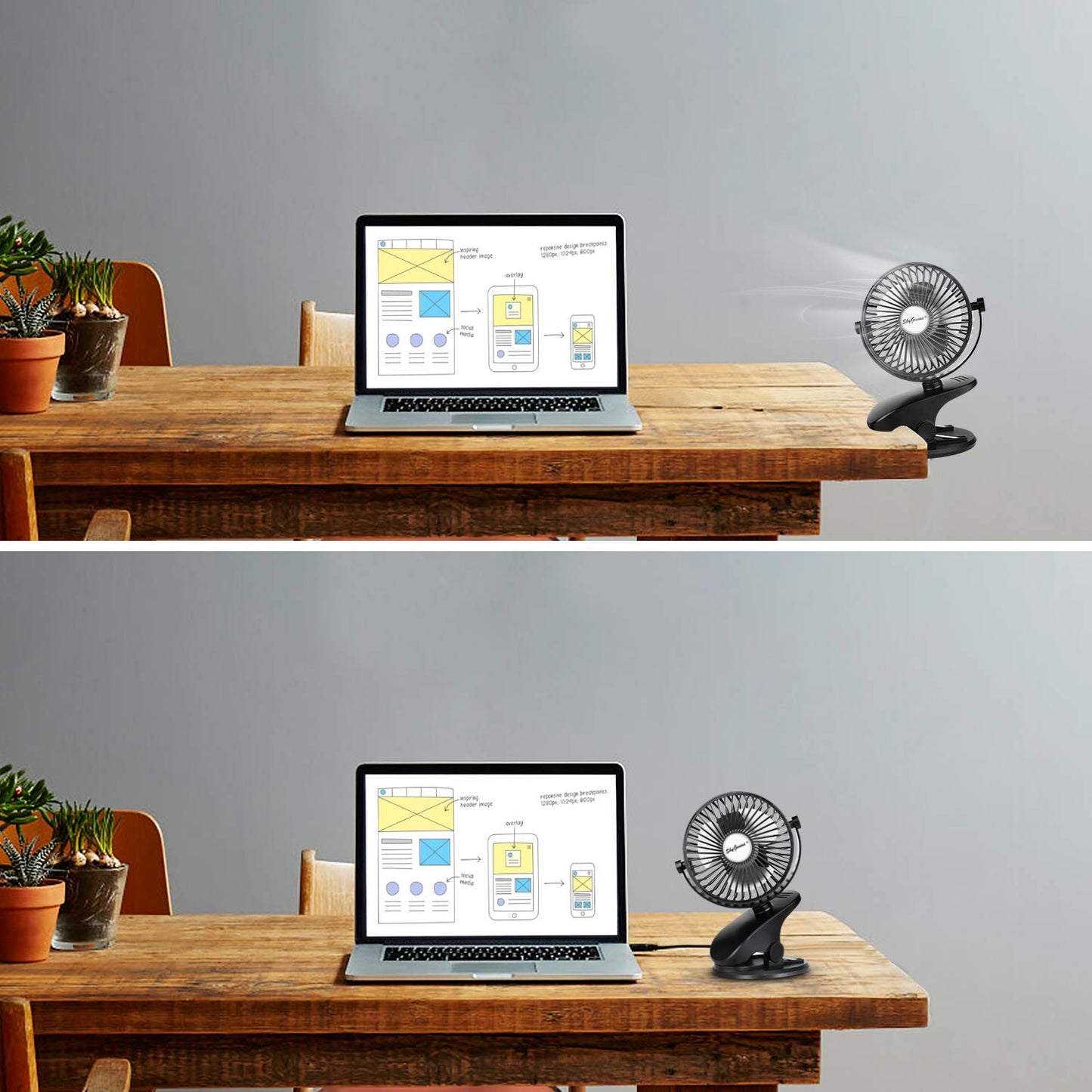 SkyGenius Battery Operated Stroller Fan, Rechargeable USB Powered Mini Clip on Desk Fan