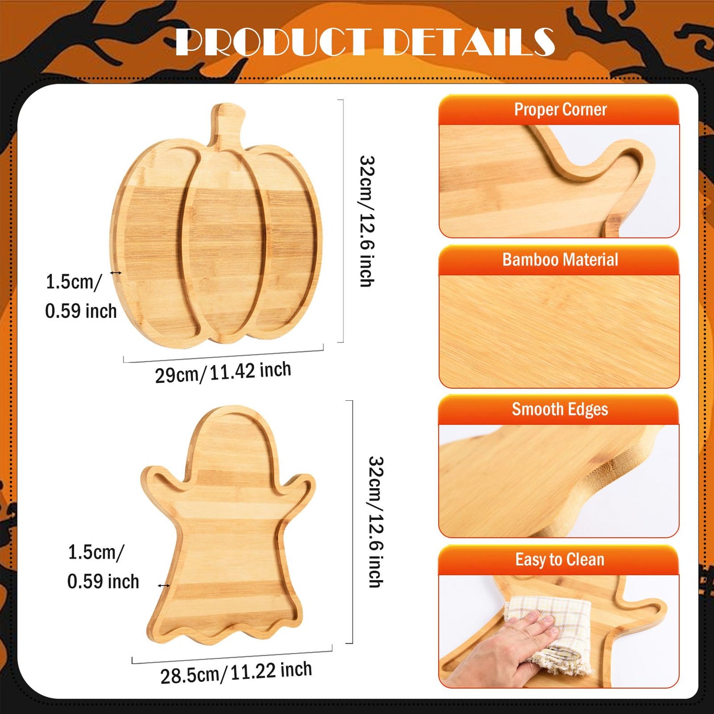 AWIZOM 2 Pcs Halloween Wood Serving Platters Ghost and Sectional Pumpkin Shaped Halloween Wooden Charcuterie Boards Bamboo Serving Trays Wood Snack Dish Plates for Fall Holiday Housewarming Presents