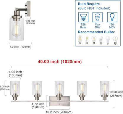 MELUCEE 5-Light Bathroom Vanity Light Brushed Nickel Wall Sconce Modern Light Fixtures Wall Mount with Clear Glass Shade for Porch Bedroom Hallway Kitchen (Patent No.: US D963914 S)