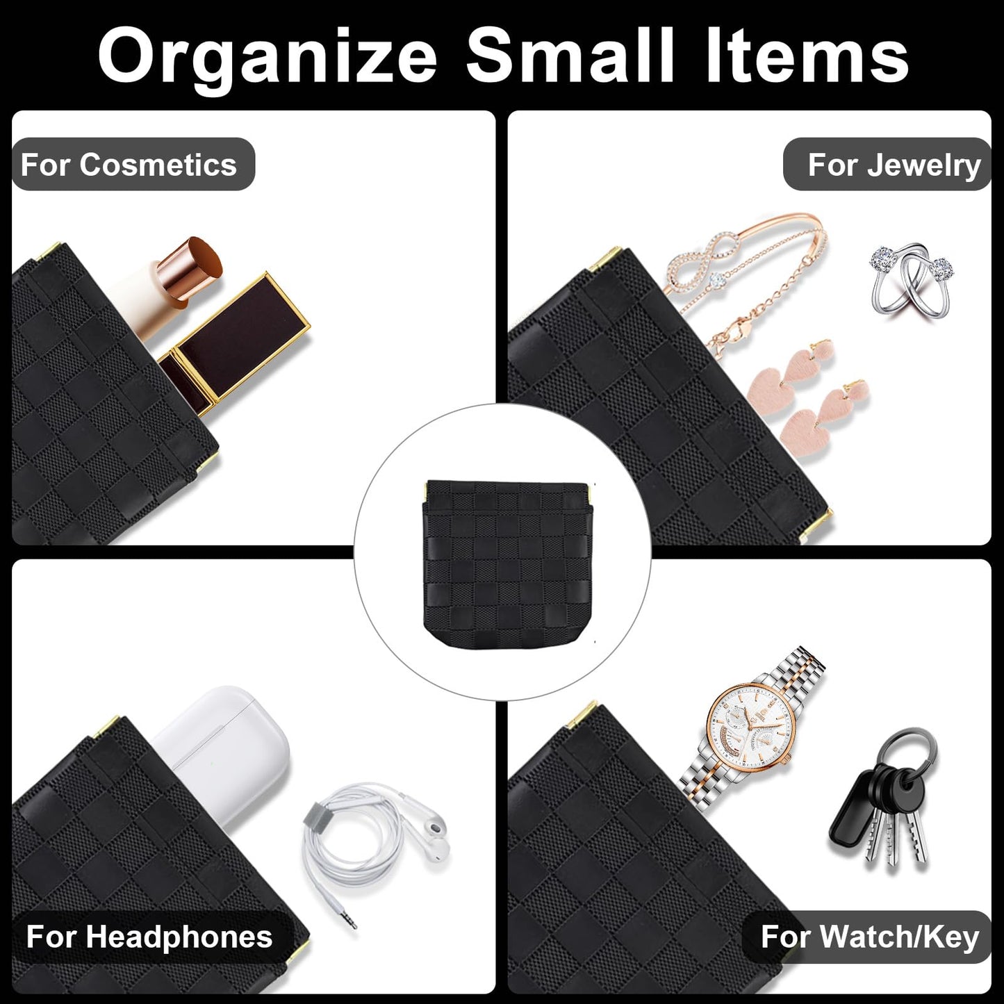 3Pcs Small Makeup Bag for Purse, Waterproof Portable Checkered Leather Makeup Pouch, Small Purse Pouches for Purse Small Coin Purse Organizer Pouches Snap Closure Pocket Cosmetic Bag for Women (Black)