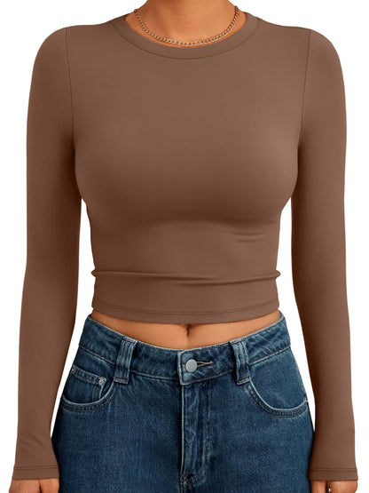Trendy Queen Womens Long Sleeve Crop Tops Basic Slim Fitted Shirts Fashion 2025 Going Out Y2k Tops Teen Girl Clothes