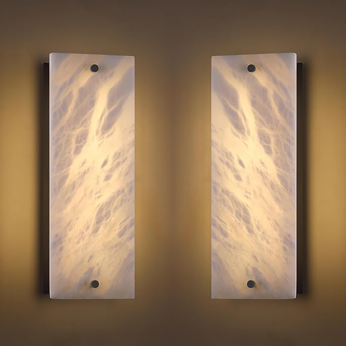 2 Pack 2 Light 15" Alabaster Marble Bathroom Wall Sconce Modern Concise Style Wall Light Fixture,Black Finish for Bedroom Hallway Bedside