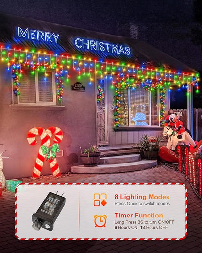 Christmas Lights Outdoor, 53 FT 486 LED Christmas Lights for Outside, Timer & Memory, Plug in 8 Modes Hanging Fairy Lights with 108 Drops for House Eaves Yard Patio Holidays Decorations, Multicolor