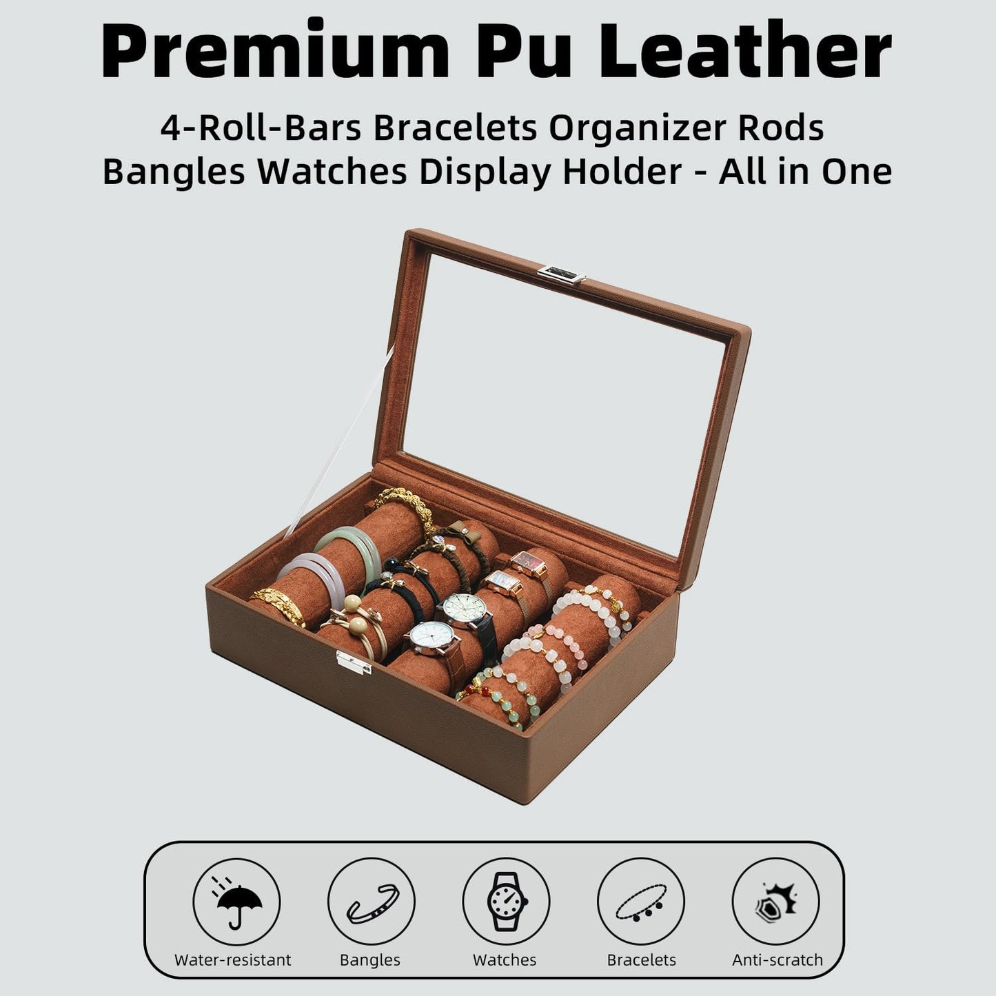 XHMQYC Bracelets Organizer Rods Bangles Display Holder, Clear See through Lid Leather Velvet Jewelry Storage Box Case for Women, 4 Rods Brown Leather