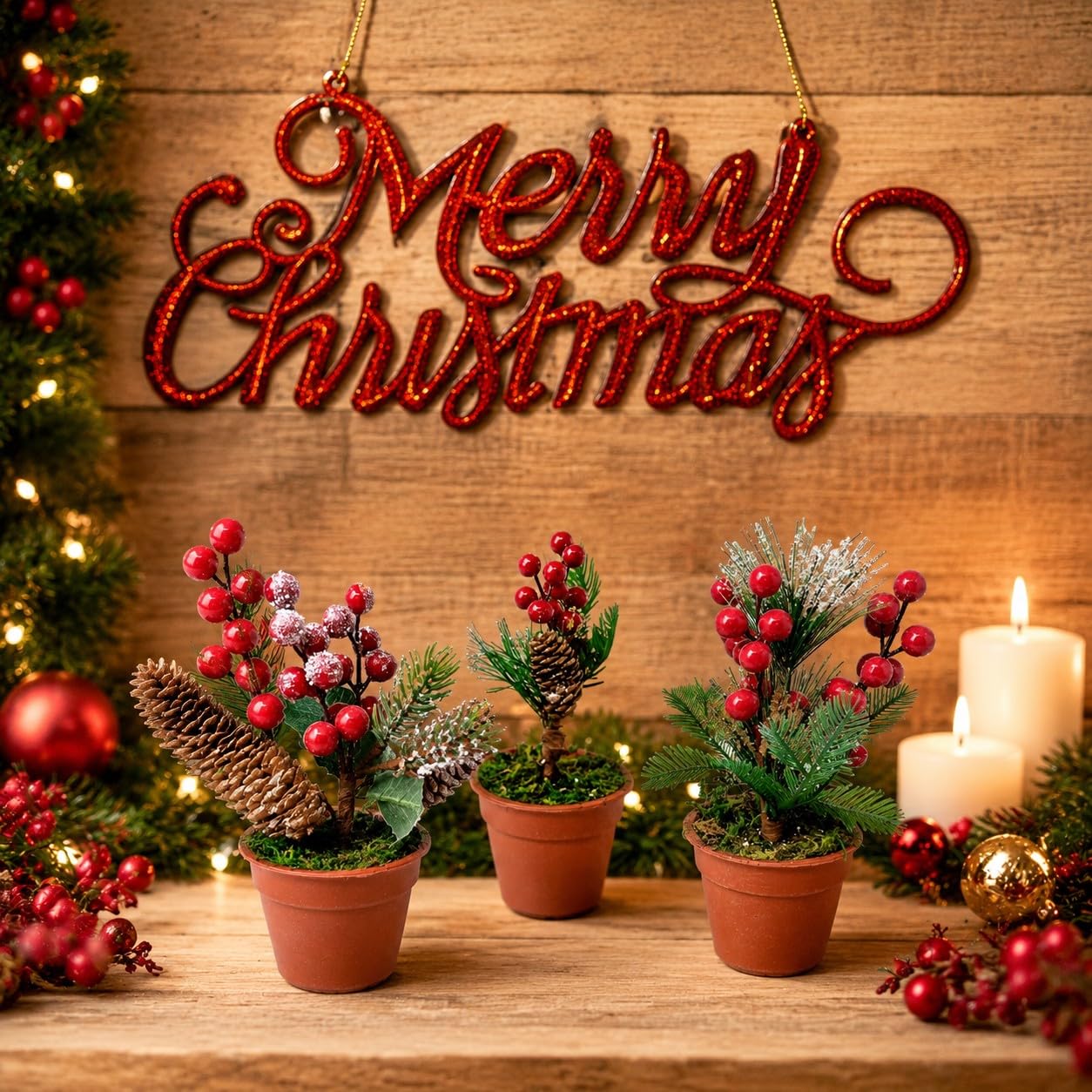 Christmas Tabletop Decorative Pots Set of 3 – Snow Flocked Pine Greenery with Red Berries & Pine Cones – Rustic Farmhouse Xmas Holiday Centerpiece Decor – 7.5 Inch Tall Winter Decorations for Home