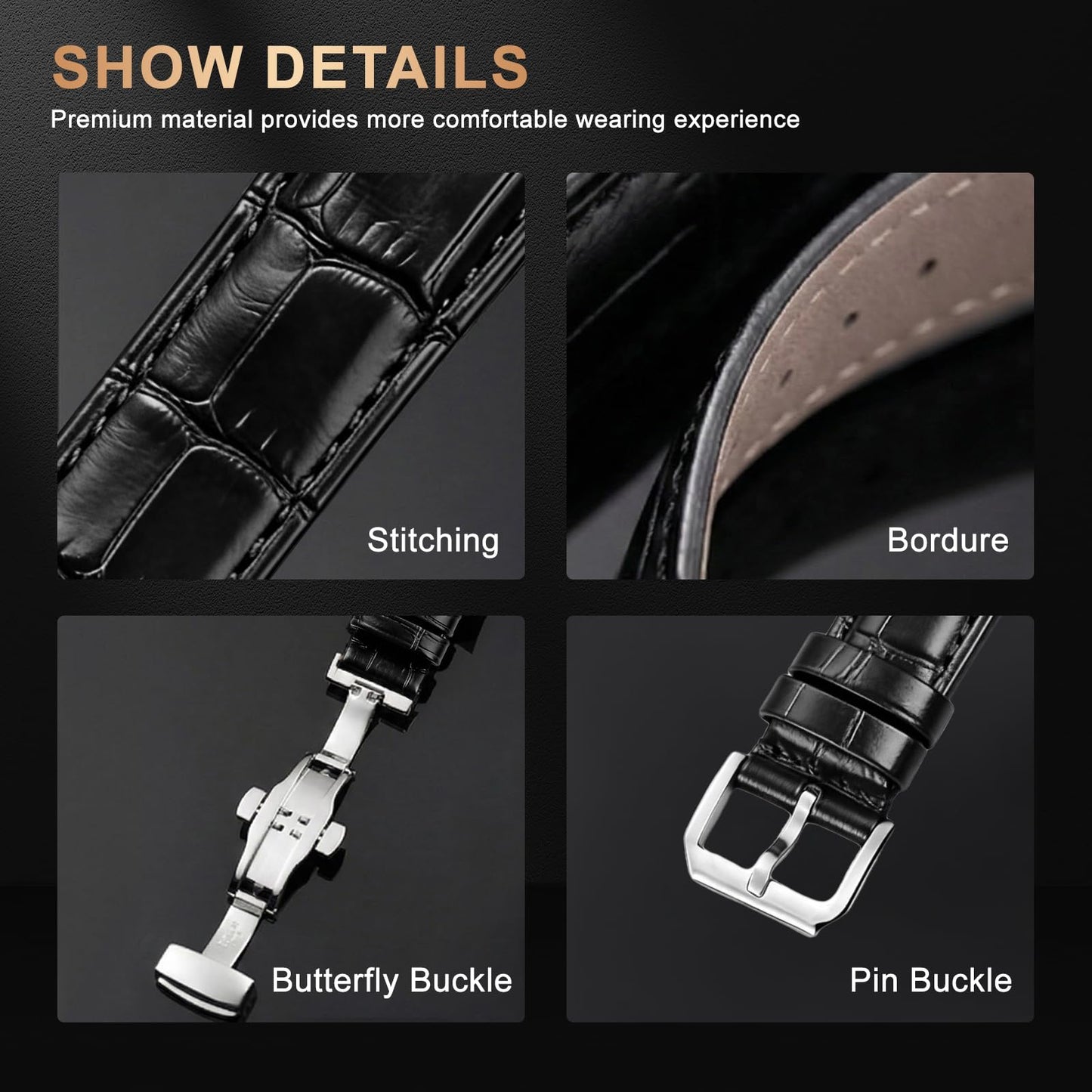 EREBUSE Genuine Leather Watch Strap 18mm 20mm 22mm, Classic Replacement Watch Band for Men Women, Soft Padded Cowhide with Silver Butterfly Deployment Clasp