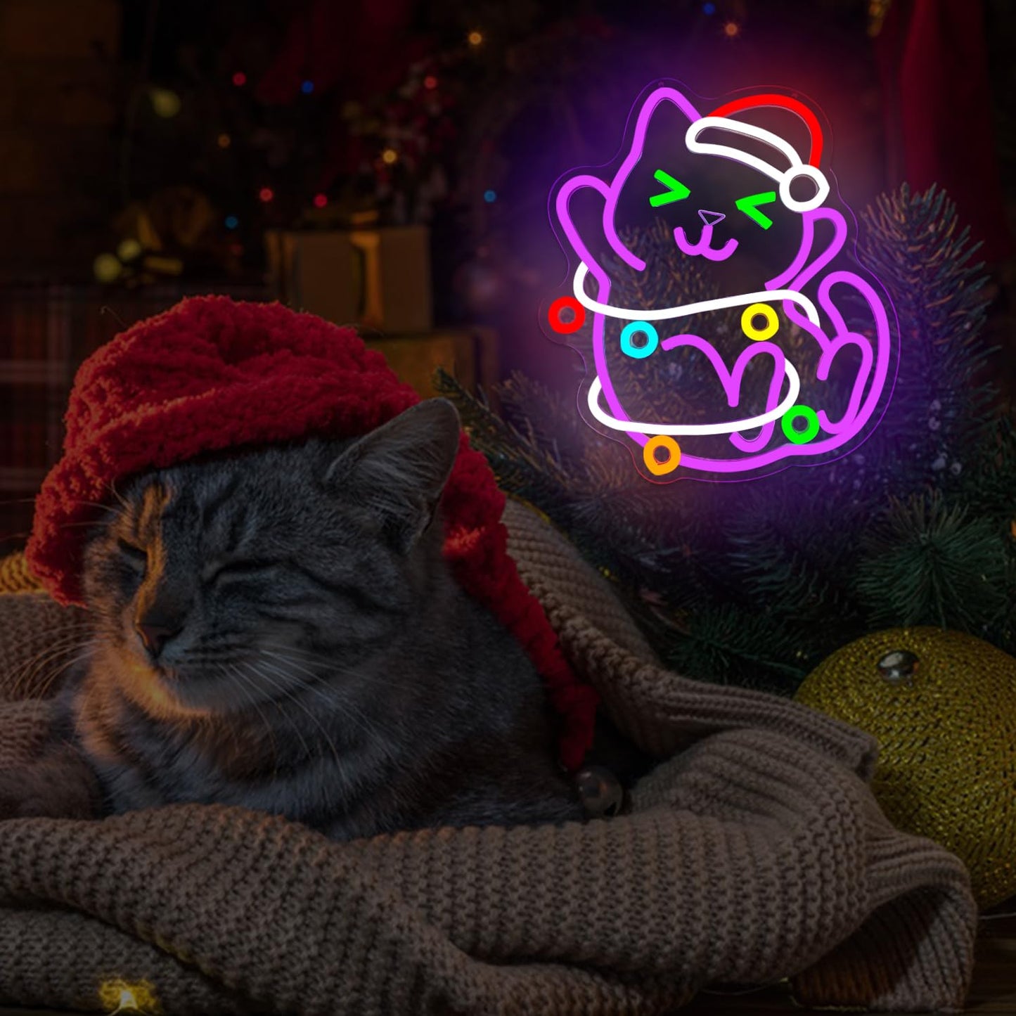 Jeanchrl Cat Christmas Neon Sign for Wall Dimmable Black Cat Decor Neon Light Sign for Bedroom Living Room Kids Room Meowy LED Signs Cute Christmas Neon Wall Art Ornament Gifts for Children Family