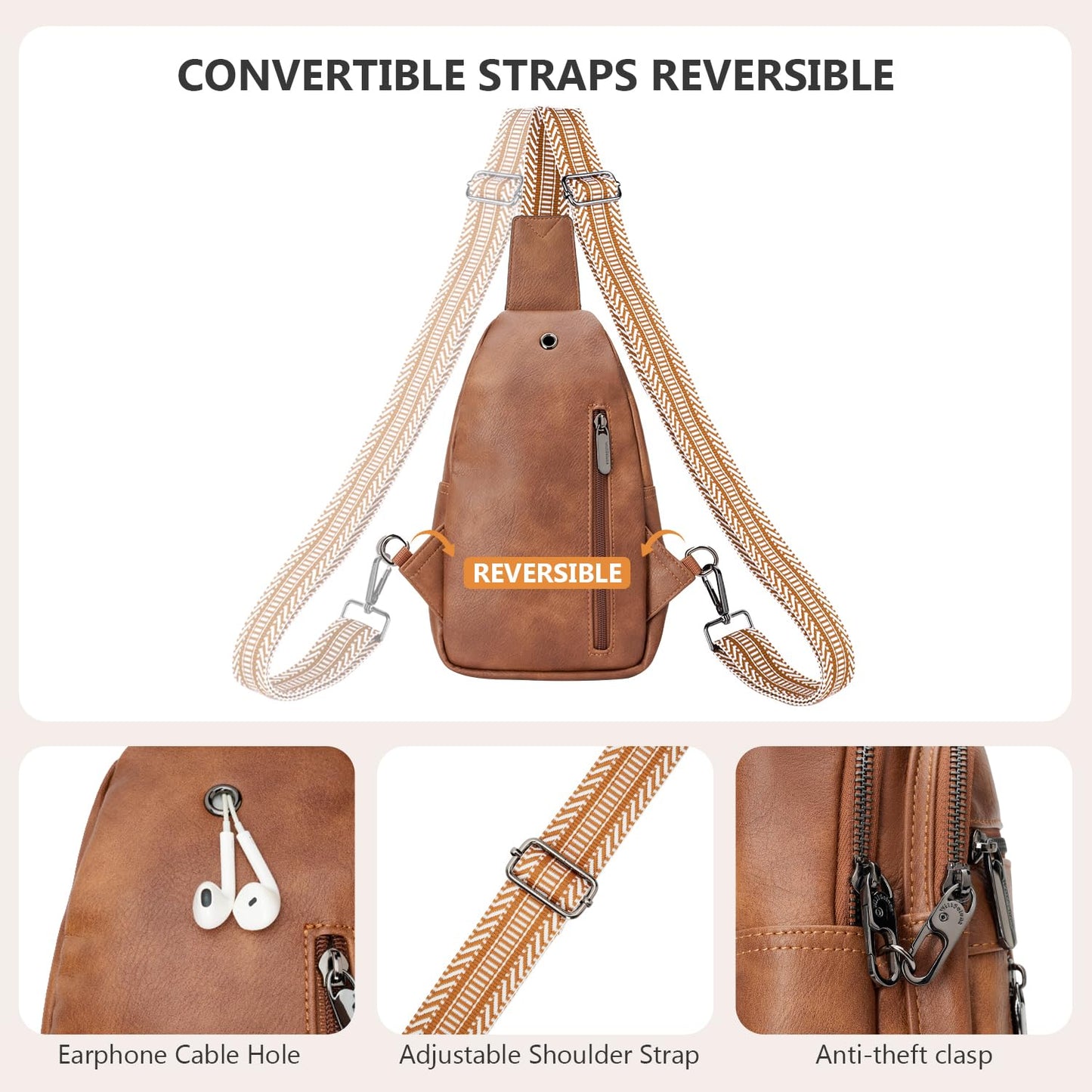 WILLSOLUNA Anti-theft Sling Bag for Women, Crossbody Chest Bags, PU Leather Small Fanny Pack with Adjustable Strap, Brown
