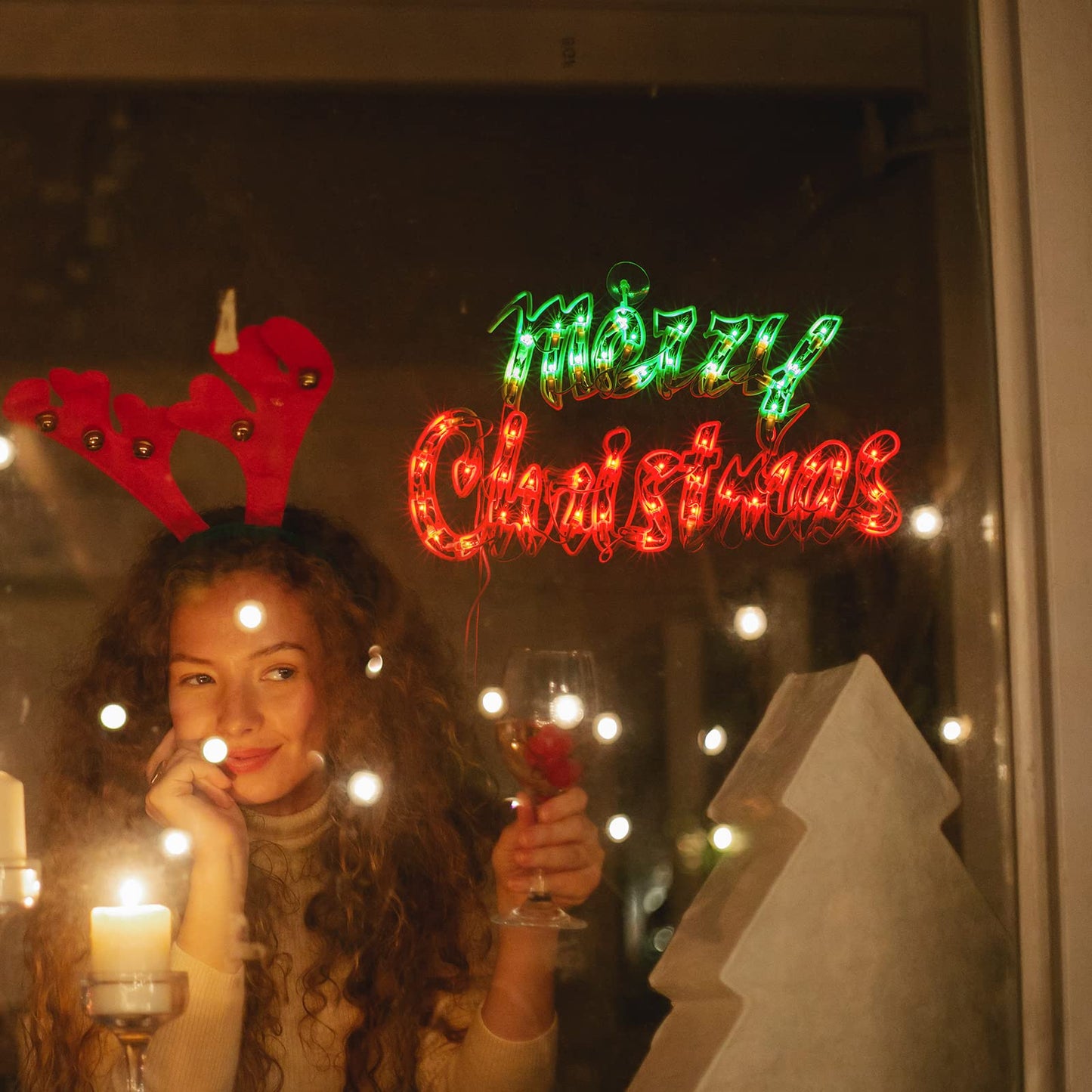 16Inch Merry Christmas Decoration Lights, Christmas Window Silhouette Lights, Double Side Sign Lamp Decoration for Holiday Indoor Wall Door Glass Decorations