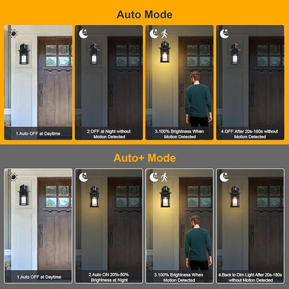 Motion Sensor Outdoor Wall Light, 3 Adjustable Lighting Modes Porch Lights, Dusk to Dawn Black Exterior Light Fixtures, Waterproof Outside Wall Lantern Sconce for House, Garage, Bulb Included