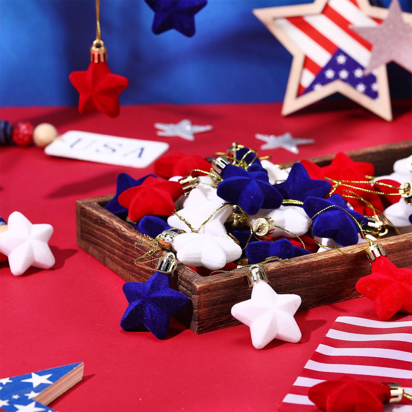 PullCrease 36 Pcs 4th of July Tree Decorations 1.18 Inch Red White Blue Star Ornaments Patriotic Hanging Star Shaped Ornaments for Independence Day 250th Anniversary Holiday Party Supplies