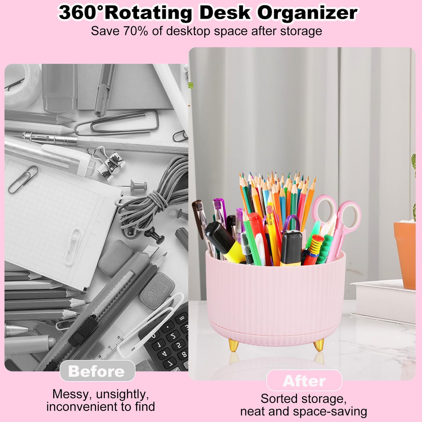 Gawsey Pink Desk Organizers and Accessories Set with 360-Degree Rotating Pen Holder, Tape Dispenser, Stapler, Staple Remover, 1000 Staples, Tape, Clips Set, Ruler, Scissor, Pen
