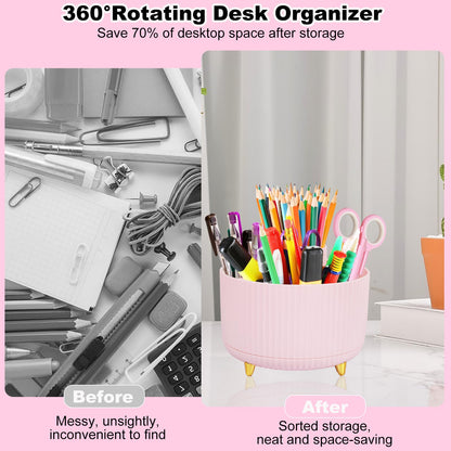 Gawsey Pink Desk Organizers and Accessories Set with 360-Degree Rotating Pen Holder, Tape Dispenser, Stapler, Staple Remover, 1000 Staples, Tape, Clips Set, Ruler, Scissor, Pen
