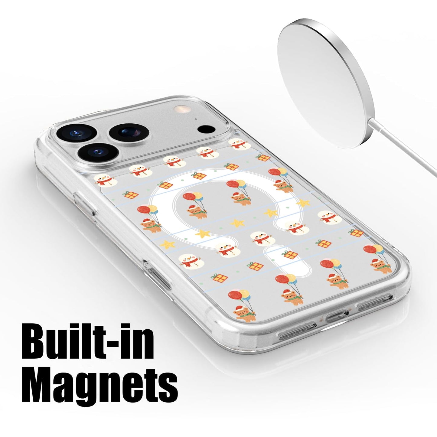 MAYCARI Christmas Phone Case for iPhone 17 Pro Max Compatible with Magnet Balloon Bear Snowman Clear Magnetic Phone Cover for Girls Women TPU Hard Back Shockproof Protective Case for Apple 17PM 6.9"