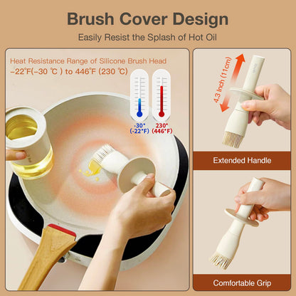 YARRAMATE 300ml /10oz Oil Dispenser with Brush - Glass Oil Bottle for Kitchen with Silicone Heat Resistant Basting Brush - Cooking Brush for Vinegar Sauce BBQ Grill Frying - Creamy White