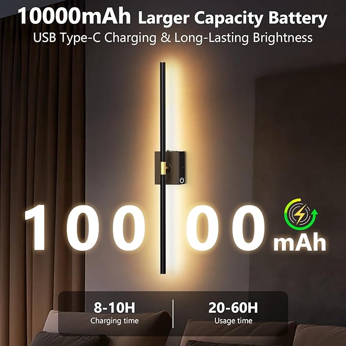 Battery Operated Wall Sconces Set of 2: 10000mAh Rechargeable Wall Sconce with Touch and Remote, 360° Rotate, 4CCT Dimmable Wireless Wall Light LED Wall Lamp for Living Room Bedroom Bathroom, Black